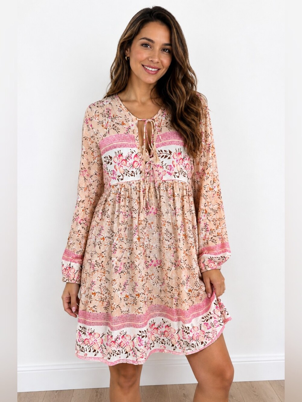 Pink Floral Boho Tie-Front Mini Dress
